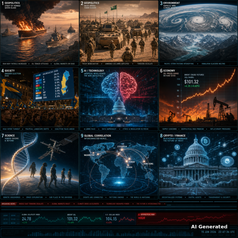 AI Generated - Nine-panel intelligence collage: burning tanker in Strait of Hormuz near Qeshm Island; Saudi military mobilisation on Yemen border; Super El Nino Pacific storm systems and melting Himalayan glaciers; Swedish election night; AI brain hologram over US Capitol; oil price surging past $100; DNA helix with ancient human silhouettes and space station; blockchain governance over Capitol; holographic world map linking Tehran, Riyadh, Stockholm, Washington, Hong Kong.