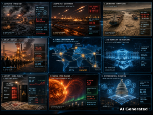 AI Generated - D107 nine-panel intelligence collage: Pentagon audit of Iran strike damage at US bases, Saudi pipeline blackout, Panama Canal drought, Australia steel, White House AI governance, fuel war premium, solar storm, CLARITY crypto markup