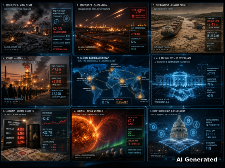 AI Generated - D107 nine-panel intelligence collage: Pentagon audit of Iran strike damage at US bases, Saudi pipeline blackout, Panama Canal drought, Australia steel, White House AI governance, fuel war premium, solar storm, CLARITY crypto markup