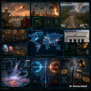 AI Generated - Nine-panel intelligence collage: Saudi air defense intercepts a Houthi drone over Mecca; Ukrainian deep strikes on a refinery with Polish border radar; Amazon deforestation frontier; US congressional hearing and German election posters; AI governance standoff between two glowing AI cores; Federal Reserve with market tickers, gold and oil; regenerative medicine lab; crypto regulation gavel over blockchain; central holographic world correlation map.