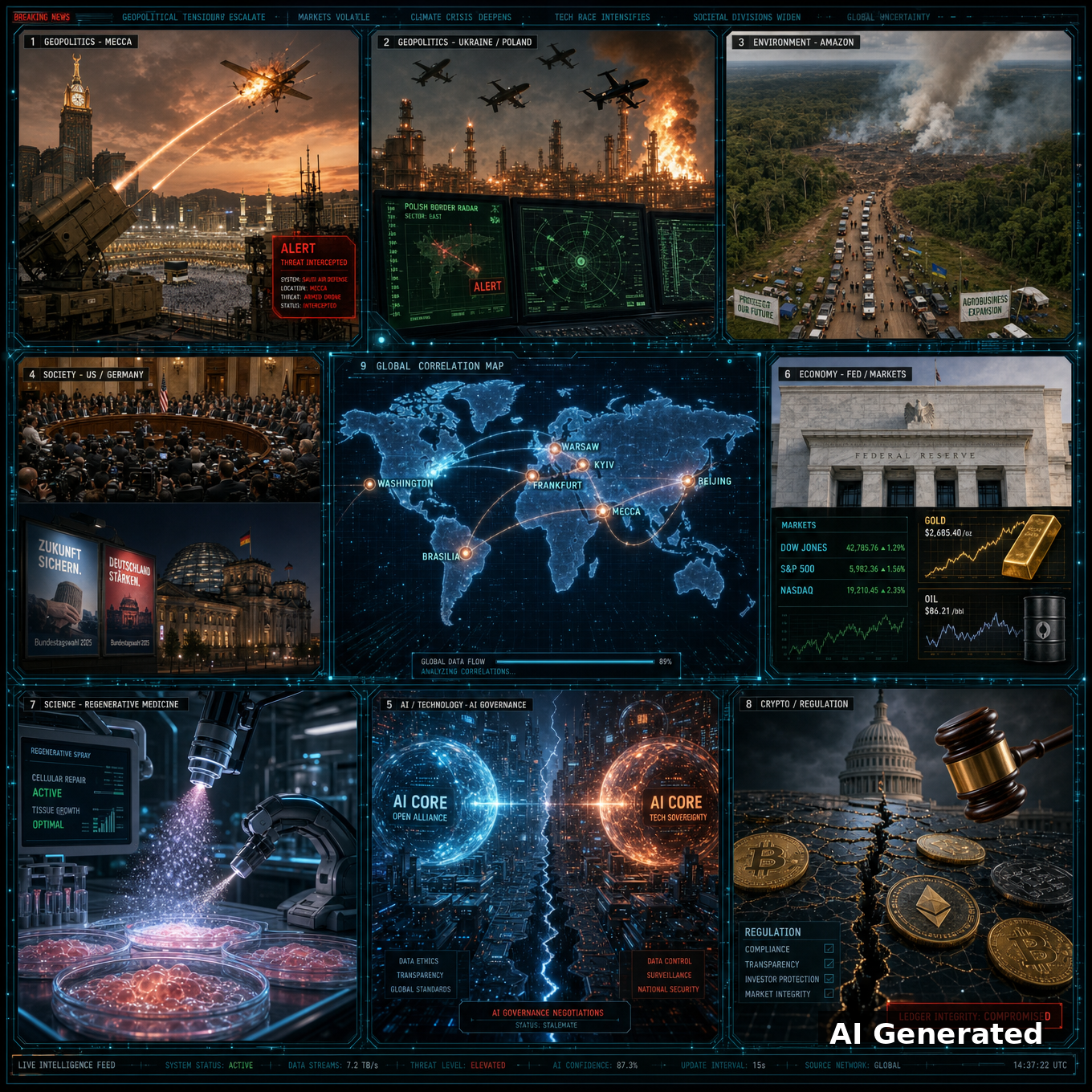 AI Generated - Nine-panel intelligence collage: Saudi air defense intercepts a Houthi drone over Mecca; Ukrainian deep strikes with Polish border radar; Amazon deforestation frontier; US hearing and German election posters; AI governance standoff; Federal Reserve markets; regenerative medicine lab; crypto regulation; global correlation map