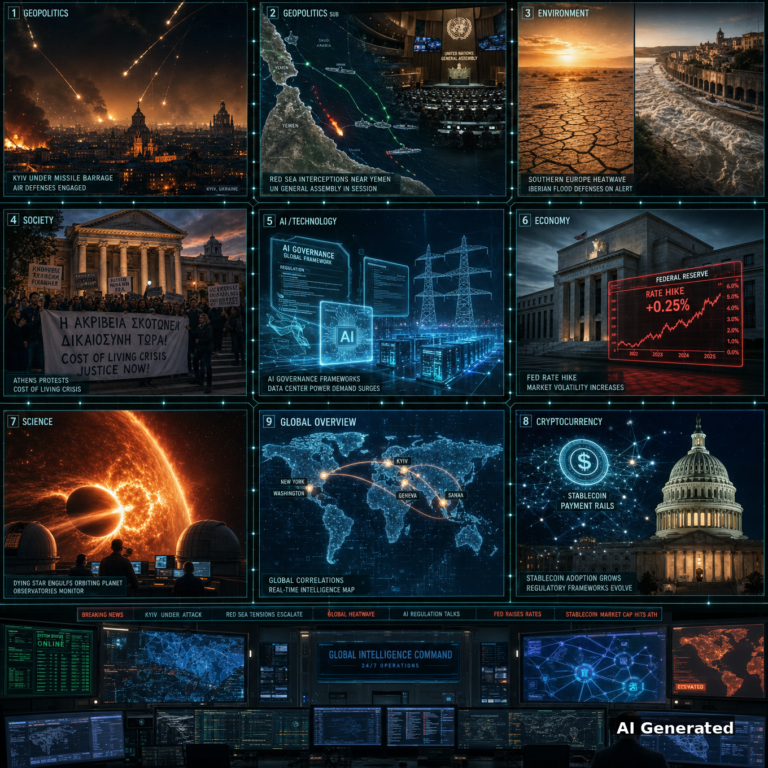 AI Generated - Nine-panel intelligence collage: Kyiv under missile barrage, Red Sea interceptions near Yemen, southern Europe heatwave and Iberian floods, Athens cost-of-living protests, AI governance and data-center power demand, Fed rate hike, a dying star engulfing a planet, stablecoin payment rails, and a global intelligence map