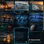 AI Generated - Nine-panel intelligence collage: Hormuz tanker attack, Saudi-Italian air power over the Red Sea, glacier collapse in record heat, German election weekend, AI data center, oil at 104 dollars with yen at 156, exoplanet and quantum computing, bitcoin pipeline across the strait, world correlation map