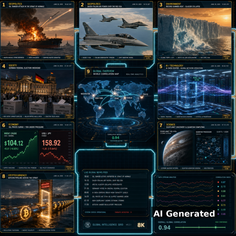 AI Generated - Nine-panel intelligence collage: Hormuz tanker attack, Saudi-Italian air power over the Red Sea, glacier collapse in record heat, German election weekend, AI data center, oil at 104 dollars with yen at 156, exoplanet and quantum computing, bitcoin pipeline across the strait, world correlation map