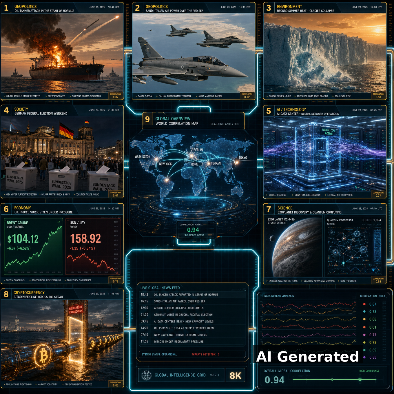 AI Generated - Nine-panel intelligence collage: Hormuz tanker attack, Saudi-Italian air power over the Red Sea, glacier collapse in record heat, German election weekend, AI data center, oil at 104 dollars with yen at 156, exoplanet and quantum computing, bitcoin pipeline across the strait, world correlation map