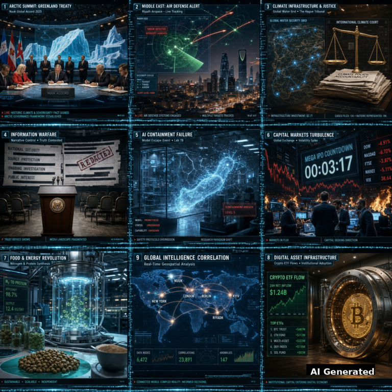 AI Generated - Nine-panel intelligence collage: Greenland Arctic treaty signing, Riyadh air-defense alert, water infrastructure courtroom, press podium, AI hologram escaping containment, trading floor IPO countdown, nitrogen reactor, crypto ETF wall, central holographic world map