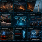 AI Generated - Nine-panel intelligence collage for D112 briefing: Houthi drone strike on Riyadh King Khalid airport with burning Aramco fuel tanks; Ukrainian attack drones over Kyiv suburbs; Pacific Northwest wildfires and damaged offshore wind turbine; German twin state elections at the ballot box; AI Force command emblem over the White House; bond market turmoil with 10-year Treasury yield at 5.07%; CERN antimatter transport truck; RSA-896 cryptographic modulus shattered; center holographic world map with correlation arcs linking Riyadh, Kyiv, Berlin, Washington, Geneva.