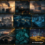 AI Generated - Nine-panel intelligence collage: Strait of Hormuz tanker blockade, Kyiv drone swarm attack, super-pollutant over data centre cooling towers, fractured Berlin parliament, holographic AI agents, LNG summit economy, engineered bacteria, Hong Kong sovereign bonds on blockchain, holographic world map