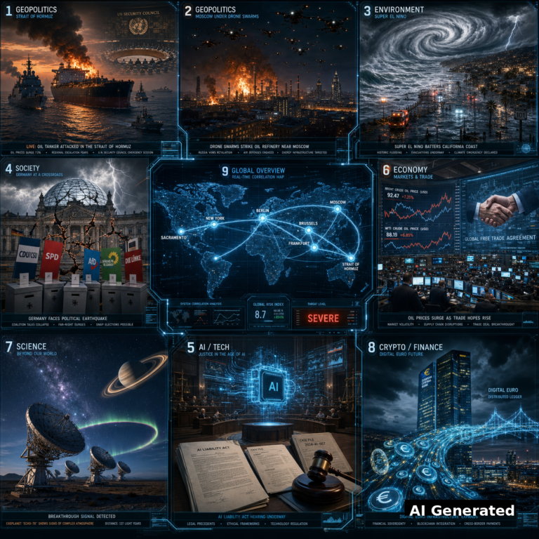 AI Generated - Nine-panel intelligence collage: burning tanker and UN Security Council in the Strait of Hormuz, drone-lit burning refinery over Moscow, super El Nino storm battering California, German ballot boxes under a cracked Reichstag dome, AI hologram in a courtroom, oil-price trading floor with free-trade handshake, radio telescope array with an exoplanet aurora, ECB tower with tokenized euro ledger, and a center holographic world map with data nodes at Hormuz, Moscow, New York, Berlin, Sacramento, Brussels and Frankfurt