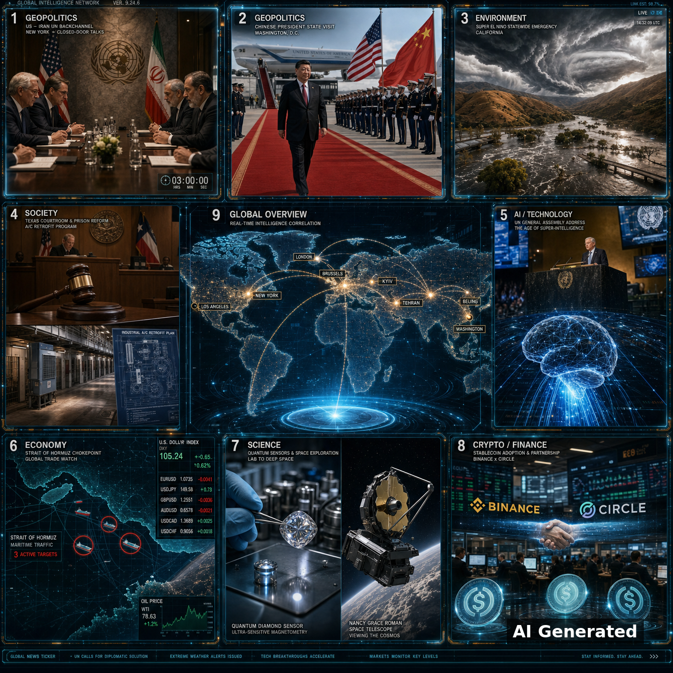 AI Generated - Nine-panel intelligence collage: US-Iran UN backchannel, Xi state visit Washington, Super El Nino California emergency, Texas courtroom and prison AC retrofit, UN podium superintelligence brain, Hormuz chokepoint radar, quantum diamond sensors and Roman Space Telescope, Binance-Circle stablecoins, world map
