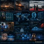 AI Generated - Nine-panel intelligence collage: burning Kyiv skyline under ballistic missile trails; burning tanker near the Strait of Hormuz with carrier group; red-carpet state visit under strategic bomber flyover; UN podium with global energy phase-out roadmap hologram; nurse with vaccine vial at rural doorstep; holographic government AI agent with AR glasses; Federal Reserve building with dollar index and rising rate arrows; retinal scan hologram with quantum chip; Capitol with blockchain ledger and digital-assets gavel; center holographic world map with nodes at Kyiv, Hormuz, Washington, New York and Canberra. AI Generated label visible bottom-right.