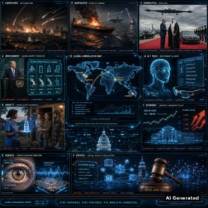 AI Generated - Nine-panel intelligence collage: burning Kyiv skyline under ballistic missile trails; burning tanker near the Strait of Hormuz with carrier group; red-carpet state visit under strategic bomber flyover; UN podium with global energy phase-out roadmap hologram; nurse with vaccine vial at rural doorstep; holographic government AI agent with AR glasses; Federal Reserve building with dollar index and rising rate arrows; retinal scan hologram with quantum chip; Capitol with blockchain ledger and digital-assets gavel; center holographic world map with nodes at Kyiv, Hormuz, Washington, New York and Canberra. AI Generated label visible bottom-right.