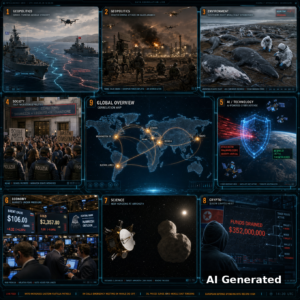 AI Generated - Nine-panel intelligence collage: Greek-Turkish Aegean territorial-waters standoff with warships and glowing boundary lines, Houthi drone attack wave on Saudi Aramco Yanbu terminal with European forces deploying air defence, southern right whale calf strandings on Argentina's Atlantic coast, Rome migration-politics street protest, holographic AI cyber-defense shield with satellites carrying AI chips rising to orbit, trading floor with Brent crude at $106 and dipping gold under hawkish Fed, NASA New Horizons at the two-lobed snowman world Arrokoth, Bitget's $352 million crypto heist attributed to North Korea's Lazarus Group, and a center holographic world correlation map linking Athens, Riyadh, Washington DC, Rome, Tokyo and Buenos Aires.