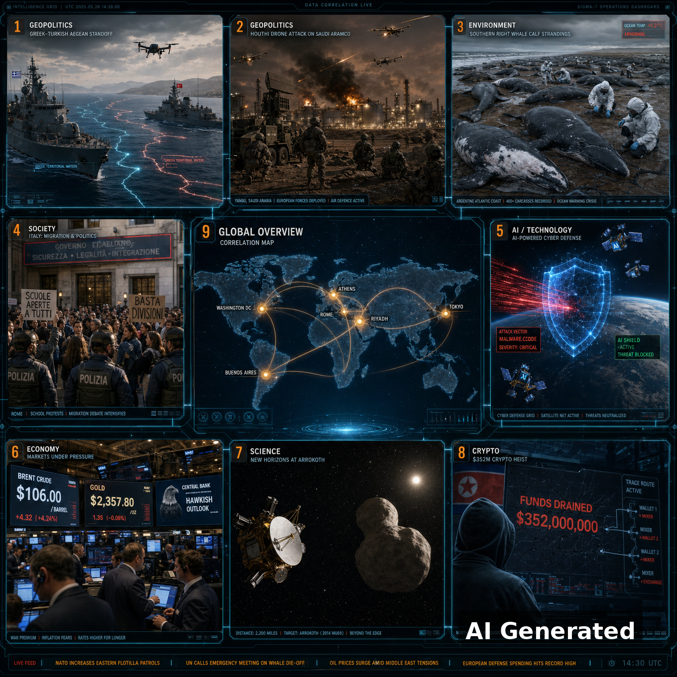 AI Generated - D117 nine-panel intelligence collage: Aegean standoff, Yanbu attack, whale strandings, Rome migration politics, AI cyber-shield, Brent $106, Arrokoth, Bitget hack, world correlation map