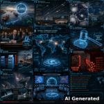 AI Generated - Nine-panel intelligence collage for the D118 Daily Intelligence Briefing: Iran's seven-day Strait of Hormuz settlement countdown with oil tankers, Houthi Red Sea escalation with Saudi air-defense intercepts over Riyadh and a UN Security Council briefing, a hyperactive Pacific hurricane season against a quiet Atlantic under a strong El Nino, an FDA nominee stonewalling a Senate hearing beside a TikTok settlement gavel, a Washington courtroom gavel cracking an AI brain as the Pentagon ban is upheld, German dairy inflation warnings with Seoul port and a 5.21 percent Treasury yield, radio telescopes scanning 33 planetary systems with Enceladus plumes and a lunar habitat fuel cell, the Bitget exchange breach draining 387.5 million dollars, and a central global command-center map.