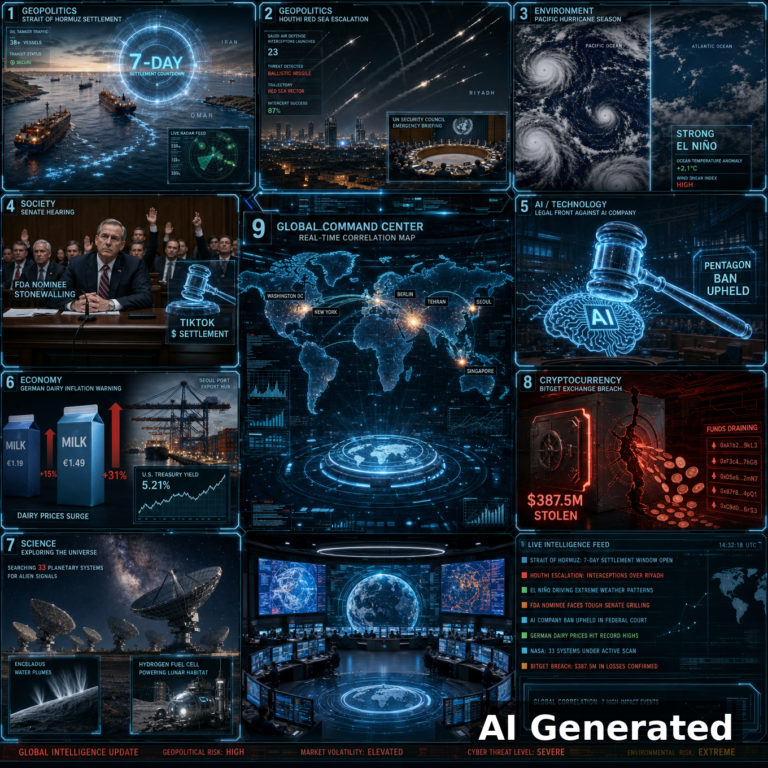 AI Generated - Nine-panel intelligence collage for the D118 Daily Intelligence Briefing: Iran's seven-day Strait of Hormuz settlement countdown with oil tankers, Houthi Red Sea escalation with Saudi air-defense intercepts over Riyadh and a UN Security Council briefing, a hyperactive Pacific hurricane season against a quiet Atlantic under a strong El Nino, an FDA nominee stonewalling a Senate hearing beside a TikTok settlement gavel, a Washington courtroom gavel cracking an AI brain as the Pentagon ban is upheld, German dairy inflation warnings with Seoul port and a 5.21 percent Treasury yield, radio telescopes scanning 33 planetary systems with Enceladus plumes and a lunar habitat fuel cell, the Bitget exchange breach draining 387.5 million dollars, and a central global command-center map.