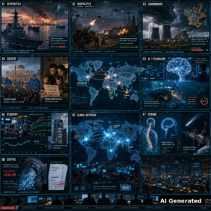 AI Generated - Nine-panel intelligence collage: 1) US naval escort of oil tankers through the Strait of Hormuz after Trump rejected Iran's reopening proposal; 2) Ukrainian drone and artillery defence of the Lyman sector; 3) Europe's energy-policy whiplash - nuclear revival and geothermal under extreme weather; 4) Pope Leo XIV's European solidarity moment alongside rising household energy bills; 5) frontier AI labs and the deep-sea robotics frontier; 6) sovereign bond yields, dollar signals and ECB expectations; 7) bone density as a window on brain aging plus the cislunar frontier; 8) governance attacks draining DeFi protocols and institutional crypto rails; 9) holographic world map correlating Washington, Tehran, Kyiv, Rome, Frankfurt and London.