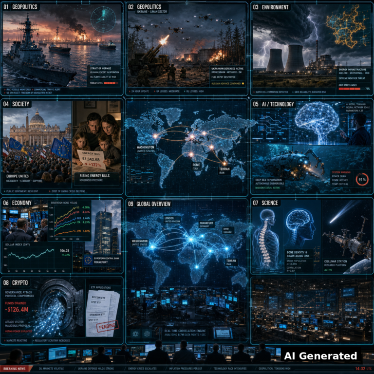 AI Generated - Nine-panel intelligence collage: 1) US naval escort of oil tankers through the Strait of Hormuz after Trump rejected Iran's reopening proposal; 2) Ukrainian drone and artillery defence of the Lyman sector; 3) Europe's energy-policy whiplash - nuclear revival and geothermal under extreme weather; 4) Pope Leo XIV's European solidarity moment alongside rising household energy bills; 5) frontier AI labs and the deep-sea robotics frontier; 6) sovereign bond yields, dollar signals and ECB expectations; 7) bone density as a window on brain aging plus the cislunar frontier; 8) governance attacks draining DeFi protocols and institutional crypto rails; 9) holographic world map correlating Washington, Tehran, Kyiv, Rome, Frankfurt and London.