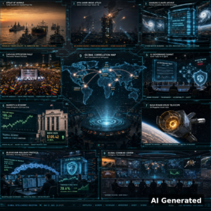 AI Generated - Nine-panel intelligence collage: 1) Strait of Hormuz tanker standoff after Trump rejected Iran's seven-day reopening plan; 2) Kyiv under Geran-3 drone attack with the Kyivstar telecom headquarters hit; 3) Hamburg climate-data archive storing planetary simulations; 4) Caracas opposition rally demanding Maria Corina Machado's return; 5) AI governance summit treaty hologram with agent-network risk warning; 6) dollar index and hawkish Fed charts with Brent crude above $105; 7) NASA Roman Space Telescope infrared vision; 8) blockchain rollback control room securing the chain; 9) global correlation map with Tehran, Kyiv, Nyala, Hamburg, Caracas, New York and Beijing nodes.