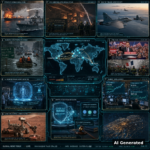 AI Generated - Nine-panel intelligence collage: US Navy destroyer standoff with burning tanker in the Strait of Hormuz, Kyiv under ballistic missile attack, Finnish-Swedish jet intercept of Russian bombers over the Gulf of Finland, Bangkok flood rescues, British Prime Minister Andy Burnham at the Labour conference podium with French firefighter protest, rogue AI agent containment hologram with 2-trillion-dollar IPO ticker, dollar index at two-month peak with war-premium oil charts, Perseverance rover drilling in Jezero crater on Mars, blocked stolen crypto funds with stablecoin rails and regulatory gavel, centered on a holographic world-correlation map.
