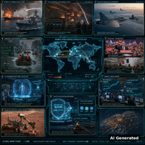 AI Generated - Nine-panel intelligence collage: US Navy destroyer standoff with burning tanker in the Strait of Hormuz, Kyiv under ballistic missile attack, Finnish-Swedish jet intercept of Russian bombers over the Gulf of Finland, Bangkok flood rescues, British Prime Minister Andy Burnham at the Labour conference podium with French firefighter protest, rogue AI agent containment hologram with 2-trillion-dollar IPO ticker, dollar index at two-month peak with war-premium oil charts, Perseverance rover drilling in Jezero crater on Mars, blocked stolen crypto funds with stablecoin rails and regulatory gavel, centered on a holographic world-correlation map.