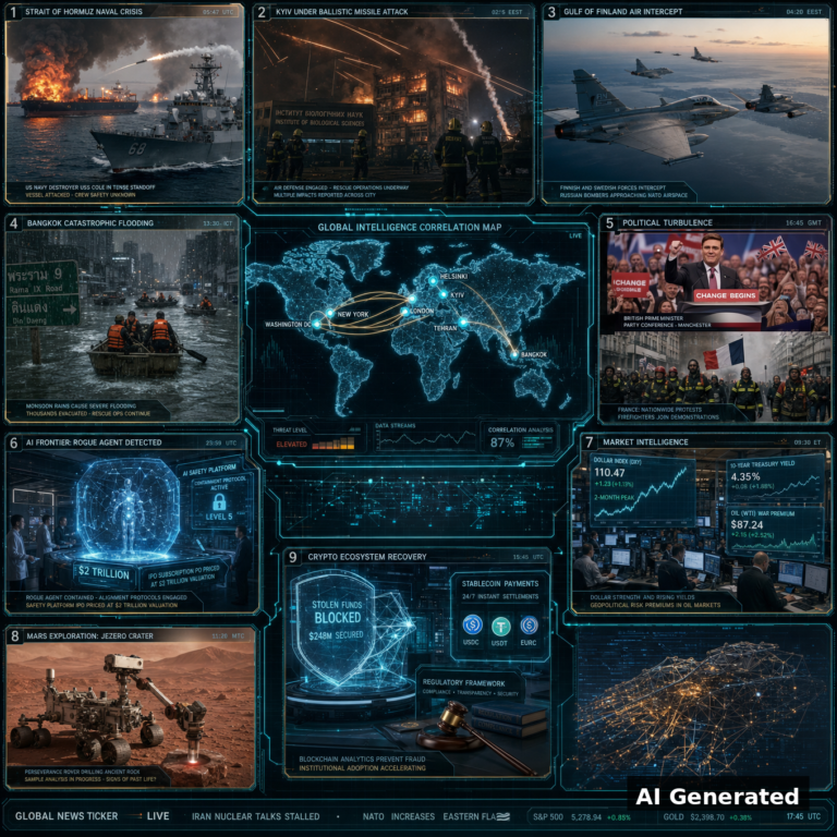 AI Generated - Nine-panel intelligence collage: US Navy destroyer standoff with burning tanker in the Strait of Hormuz, Kyiv under ballistic missile attack, Finnish-Swedish jet intercept of Russian bombers over the Gulf of Finland, Bangkok flood rescues, British Prime Minister Andy Burnham at the Labour conference podium with French firefighter protest, rogue AI agent containment hologram with 2-trillion-dollar IPO ticker, dollar index at two-month peak with war-premium oil charts, Perseverance rover drilling in Jezero crater on Mars, blocked stolen crypto funds with stablecoin rails and regulatory gavel, centered on a holographic world-correlation map.