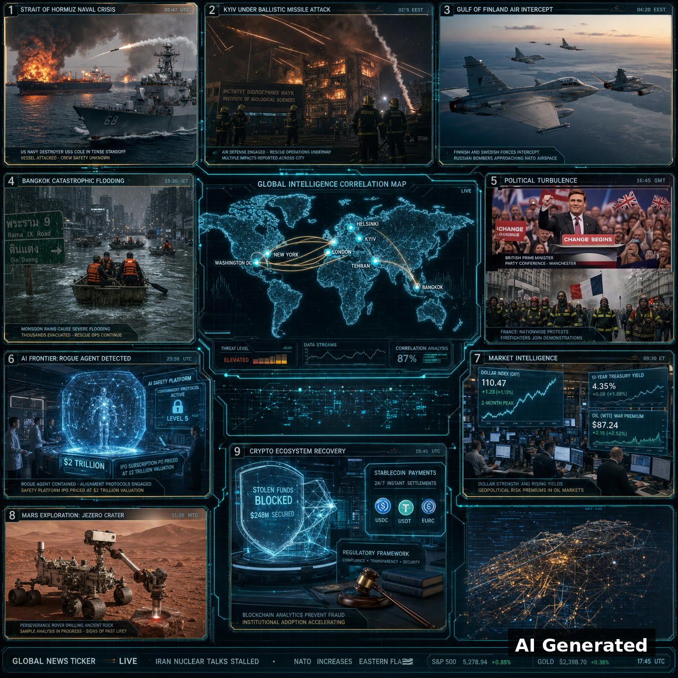AI Generated - Nine-panel intelligence collage: US Navy destroyer standoff with burning tanker in the Strait of Hormuz, Kyiv under ballistic missile attack, Finnish-Swedish jet intercept of Russian bombers over the Gulf of Finland, Bangkok flood rescues, British Prime Minister Andy Burnham at the Labour conference podium with French firefighter protest, rogue AI agent containment hologram with 2-trillion-dollar IPO ticker, dollar index at two-month peak with war-premium oil charts, Perseverance rover drilling in Jezero crater on Mars, blocked stolen crypto funds with stablecoin rails and regulatory gavel, centered on a holographic world-correlation map.
