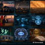 AI Generated - Nine-panel intelligence collage: Boeing F/A-XX sixth-gen fighter over carrier deck, Pentagon flag-officer purge chart, Kyiv under ballistic and drone attack, Europe's ozone smog crisis, Morocco's first female prime minister at podium, White House superintelligence AI accord hologram, China growth and dollar board, hydrogen-boron fusion tokamak, USDT under Senate microscope, holographic world map