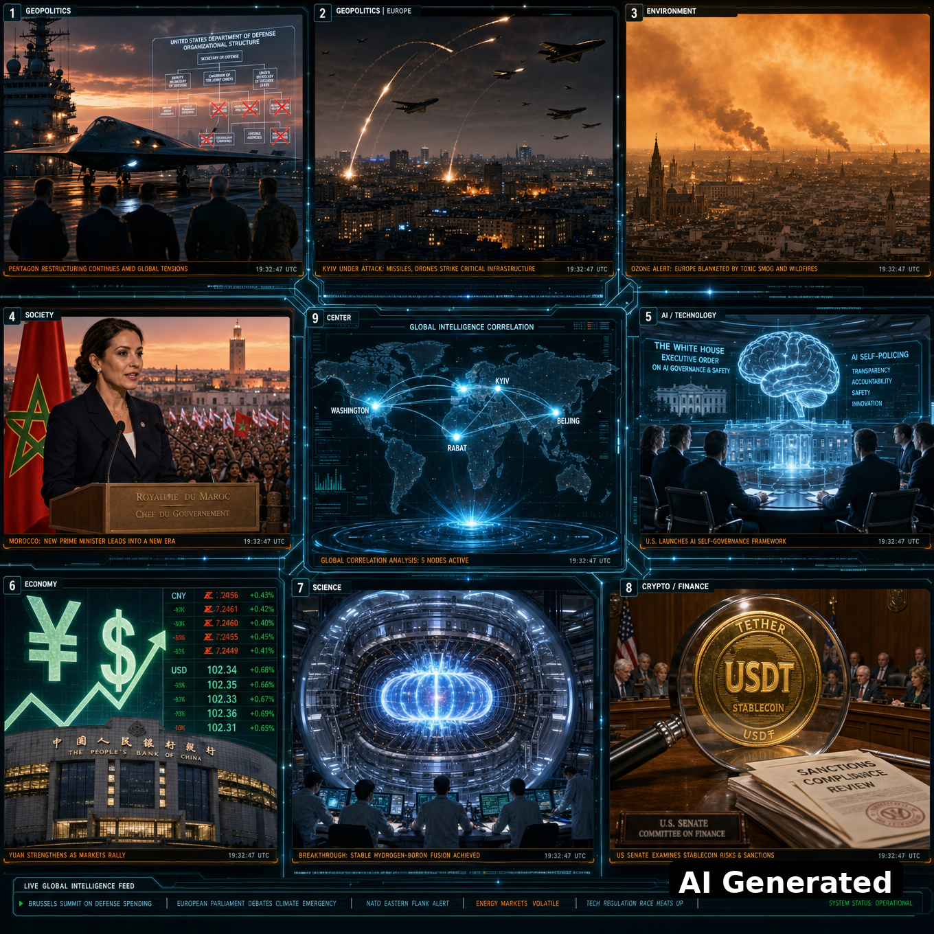 AI Generated - Nine-panel intelligence collage: Boeing F/A-XX sixth-gen fighter over carrier deck, Pentagon flag-officer purge chart, Kyiv under ballistic and drone attack, Europe's ozone smog crisis, Morocco's first female prime minister at podium, White House superintelligence AI accord hologram, China growth and dollar board, hydrogen-boron fusion tokamak, USDT under Senate microscope, holographic world map
