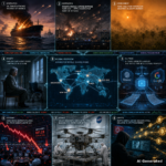 Nine-panel AI-generated intelligence collage for the D93 Daily Intelligence Briefing (2026-09-01): oil tanker struck in the Strait of Hormuz; missile and drone barrage over Kyiv; toxic haze from Indonesian wildfires over Borneo; elderly woman alone in an English care home; AI trade-secrets lawsuit between tech giants; Hong Kong market plunge with oil above $91; NASA Dragonfly rotorcraft for the Titan mission; North Korean hackers laundering Bitcoin; and a holographic world map linking Washington, Tehran, Kyiv, London, Hong Kong and New York. Labelled 'AI Generated' in the bottom-right corner per EU AI Act Article 50.