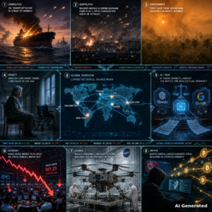 Nine-panel AI-generated intelligence collage for the D93 Daily Intelligence Briefing (2026-09-01): oil tanker struck in the Strait of Hormuz; missile and drone barrage over Kyiv; toxic haze from Indonesian wildfires over Borneo; elderly woman alone in an English care home; AI trade-secrets lawsuit between tech giants; Hong Kong market plunge with oil above $91; NASA Dragonfly rotorcraft for the Titan mission; North Korean hackers laundering Bitcoin; and a holographic world map linking Washington, Tehran, Kyiv, London, Hong Kong and New York. Labelled 'AI Generated' in the bottom-right corner per EU AI Act Article 50.