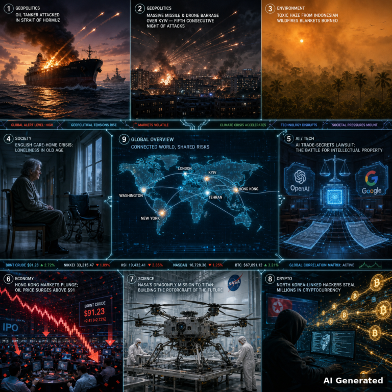 Nine-panel AI-generated intelligence collage for the D93 Daily Intelligence Briefing (2026-09-01): oil tanker struck in the Strait of Hormuz; missile and drone barrage over Kyiv; toxic haze from Indonesian wildfires over Borneo; elderly woman alone in an English care home; AI trade-secrets lawsuit between tech giants; Hong Kong market plunge with oil above $91; NASA Dragonfly rotorcraft for the Titan mission; North Korean hackers laundering Bitcoin; and a holographic world map linking Washington, Tehran, Kyiv, London, Hong Kong and New York. Labelled 'AI Generated' in the bottom-right corner per EU AI Act Article 50.