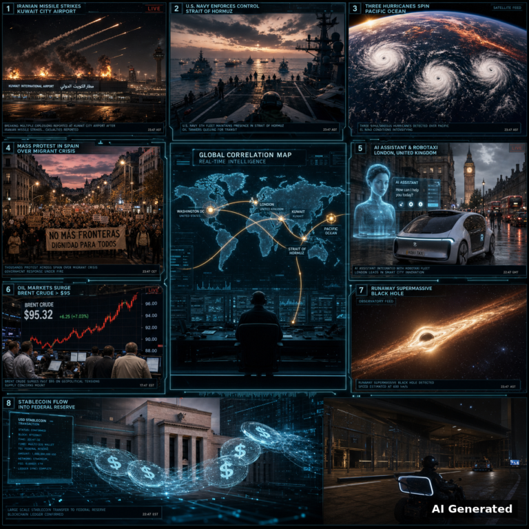 AI Generated - Nine-panel intelligence collage: Iranian strikes on Kuwait City airport, US Navy warships controlling the Strait of Hormuz, three simultaneous Pacific hurricanes during El Nino, protests in Spain over the Ceuta migrant crisis, a holographic AI interface with a London robotaxi, Brent crude surging past $95 on trading screens, a runaway supermassive black hole, stablecoin tokens flowing into the Federal Reserve, and a glowing world map with data nodes.
