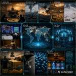 AI Generated - Nine-panel intelligence briefing collage: US aircraft carrier group in the Gulf for Washington-Tehran crisis diplomacy; Russia's war of attrition and Israeli jets striking southern Lebanon; September heat surge with 40-degree Europe and rare Atacama snow; UK Reform party conference in Birmingham and US mail-in ballot courtroom rulings; holographic AI agent swarm around a next-gen data center; central-bank gold bullion airlift at record prices; BepiColombo Mercury mission and quantum graphene breakthrough; SEC gavel over Bitcoin, Ethereum, XRP and Solana; center: global correlation world map linking Washington, Tehran, Moscow, London, Birmingham, Berlin and Beijing.