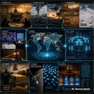 AI Generated - Nine-panel intelligence briefing collage: US aircraft carrier group in the Gulf for Washington-Tehran crisis diplomacy; Russia's war of attrition and Israeli jets striking southern Lebanon; September heat surge with 40-degree Europe and rare Atacama snow; UK Reform party conference in Birmingham and US mail-in ballot courtroom rulings; holographic AI agent swarm around a next-gen data center; central-bank gold bullion airlift at record prices; BepiColombo Mercury mission and quantum graphene breakthrough; SEC gavel over Bitcoin, Ethereum, XRP and Solana; center: global correlation world map linking Washington, Tehran, Moscow, London, Birmingham, Berlin and Beijing.
