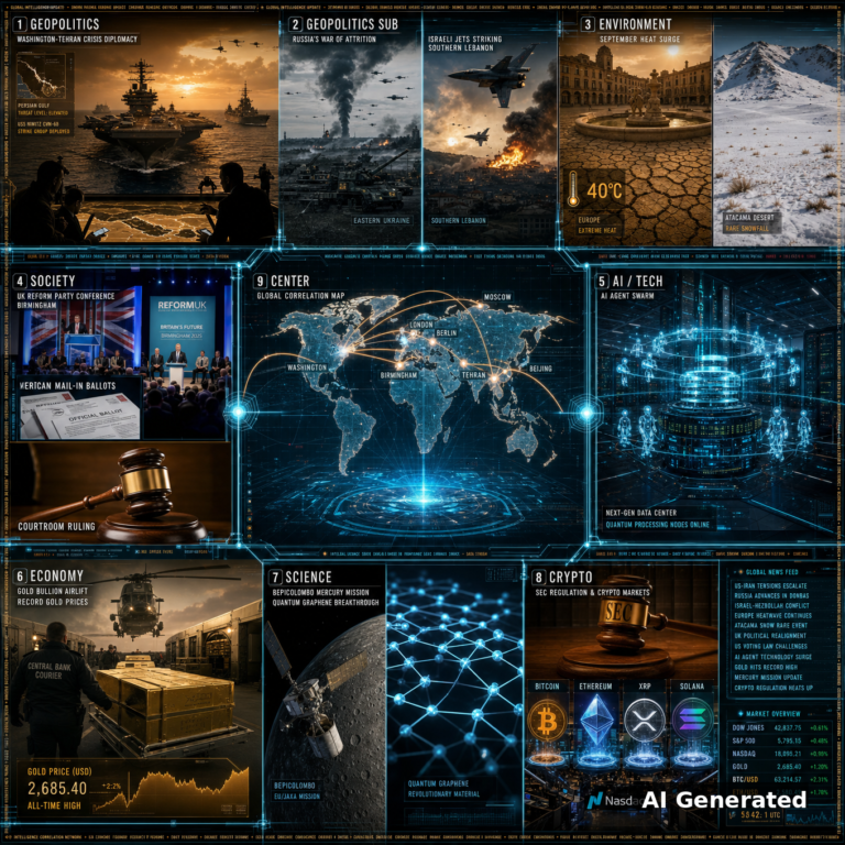 AI Generated - Nine-panel intelligence briefing collage: US aircraft carrier group in the Gulf for Washington-Tehran crisis diplomacy; Russia's war of attrition and Israeli jets striking southern Lebanon; September heat surge with 40-degree Europe and rare Atacama snow; UK Reform party conference in Birmingham and US mail-in ballot courtroom rulings; holographic AI agent swarm around a next-gen data center; central-bank gold bullion airlift at record prices; BepiColombo Mercury mission and quantum graphene breakthrough; SEC gavel over Bitcoin, Ethereum, XRP and Solana; center: global correlation world map linking Washington, Tehran, Moscow, London, Birmingham, Berlin and Beijing.