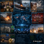 AI Generated - Nine-panel intelligence collage: Kremlin peace talks between US envoys and Putin with ceasefire agreement; tanker warfare in the Strait of Hormuz with burning oil tanker and US Navy warships; Grand Canyon flash flood and Jakarta volcanic ash; cartel car bomb attack in Mexico; Berlin government ransomware cyberattack; Federal Reserve interest rates rising with strong employment; European rocket launch to orbit with Mars rover; EU parliament crypto regulation veto with digital asset yield; global correlation map with data nodes at Kyiv, Moscow, Berlin, Warsaw, Washington DC and Strait of Hormuz.
