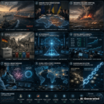 AI Generated - Nine-panel intelligence collage cover for D99 Daily Intelligence Briefing: Strait of Hormuz naval standoff, Ukraine peace negotiations over Donbas, Indonesia volcanic eruption, Germany state elections, AI governance legal oversight, central banks and Asian currencies, gut fungi and cancer immunotherapy research, blockchain protocol evolution, and a global intelligence correlation map.