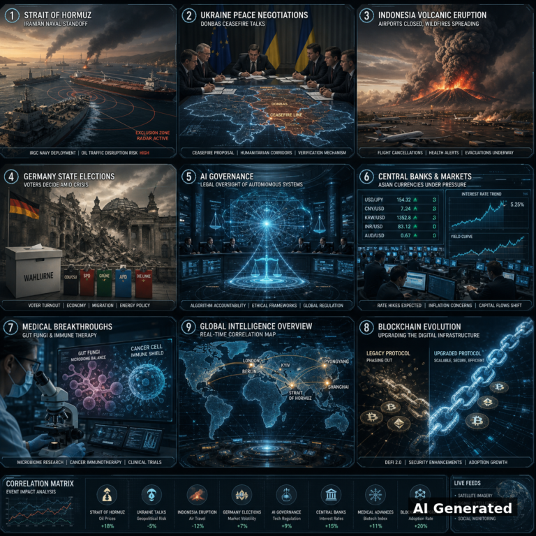 AI Generated - Nine-panel intelligence collage cover for D99 Daily Intelligence Briefing: Strait of Hormuz naval standoff, Ukraine peace negotiations over Donbas, Indonesia volcanic eruption, Germany state elections, AI governance legal oversight, central banks and Asian currencies, gut fungi and cancer immunotherapy research, blockchain protocol evolution, and a global intelligence correlation map.