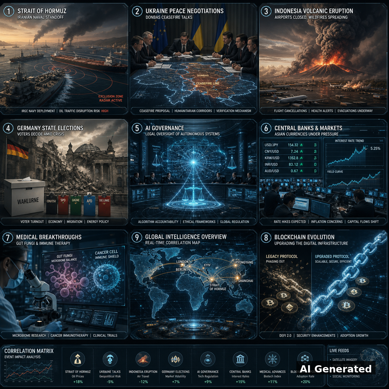 AI Generated - Nine-panel intelligence collage cover for D99 Daily Intelligence Briefing: Strait of Hormuz naval standoff, Ukraine peace negotiations over Donbas, Indonesia volcanic eruption, Germany state elections, AI governance legal oversight, central banks and Asian currencies, gut fungi and cancer immunotherapy research, blockchain protocol evolution, and a global intelligence correlation map.
