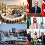 Collage mit Kaaba, Erdogan, saudischem Kronprinzen und pakistanischen Kampfjets