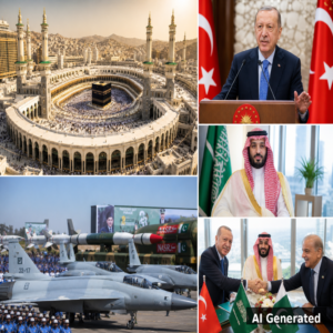 Collage mit Kaaba, Erdogan, saudischem Kronprinzen und pakistanischen Kampfjets