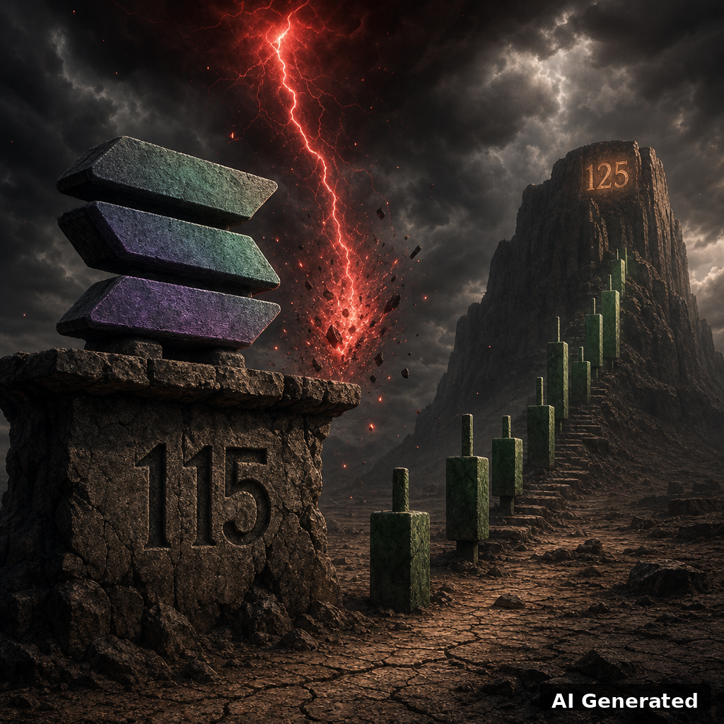 AI generated symbolic artwork: colossal Solana emblem monument holding the 115 support shelf as a red lightning arrow shatters before touching it, with the 125 ceiling carved into a distant cliff