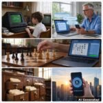 AI generated collage: from a 1980s boy at a silent home computer to a man talking with AI, centaur chess, a card catalog library, and an AI communicator at sunrise