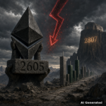 AI generated symbolic artwork: a colossal stone Ethereum diamond monument grips the 2605 support shelf while a red lightning arrow shatters into embers and the 2807 target glows on a distant cliff