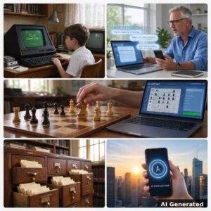 AI generated collage: from a 1980s boy at a silent home computer to a man talking with AI, centaur chess, a card catalog library, and an AI communicator at sunrise