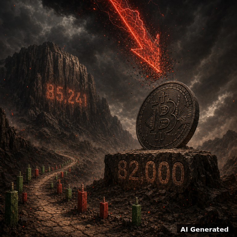 AI generated symbolic artwork: a colossal stone Bitcoin coin standing firm on a rock shelf carved 82,000 while a red lightning arrow shatters into embers, with 85,241 carved into a distant cliff