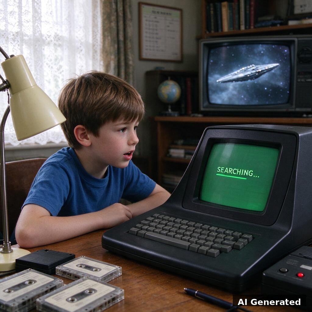 AI generated image: a 1980s boy leans toward his silent home computer while Star Trek plays on the TV behind him