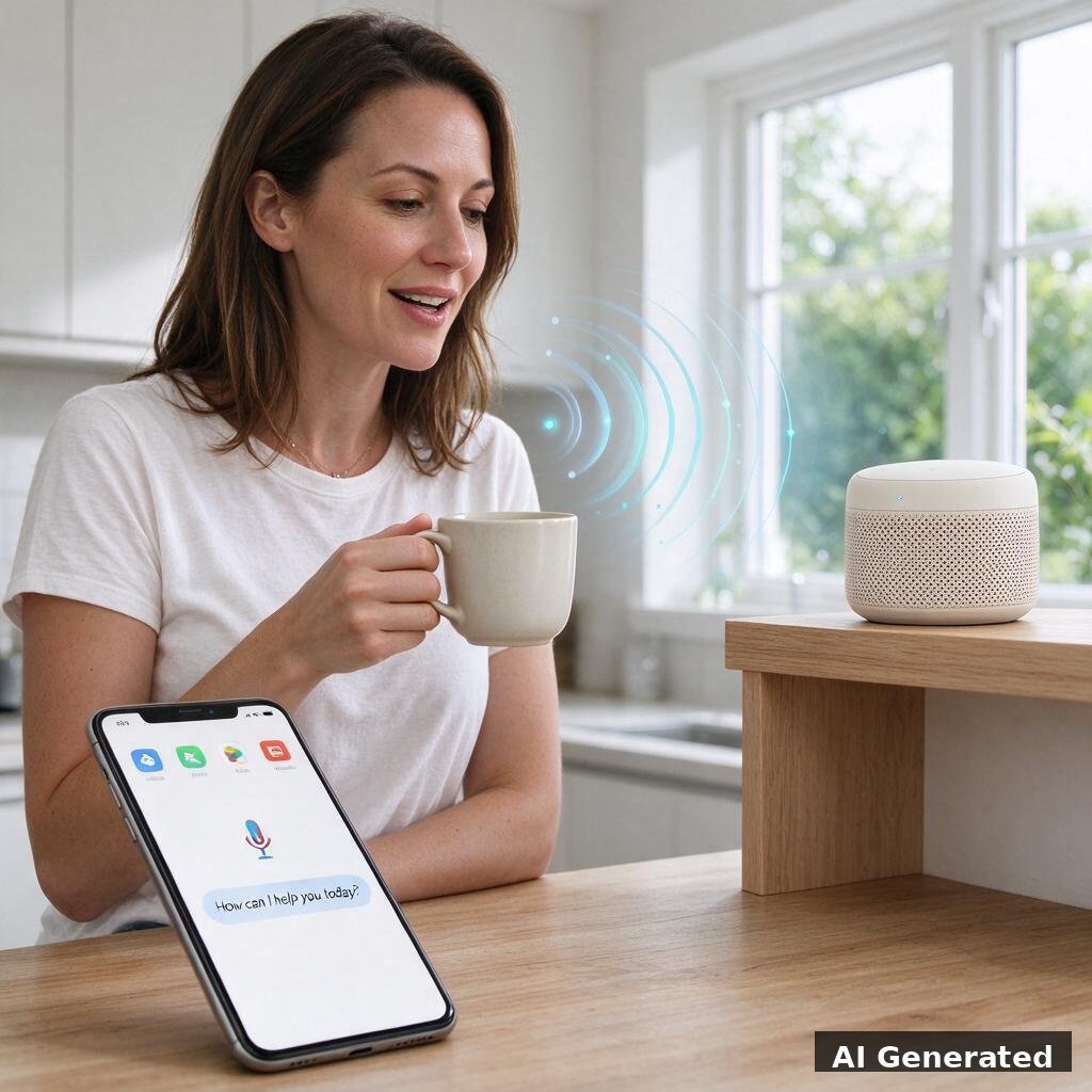 AI generated image: a woman speaks casually to a smart speaker and voice assistant in a bright kitchen