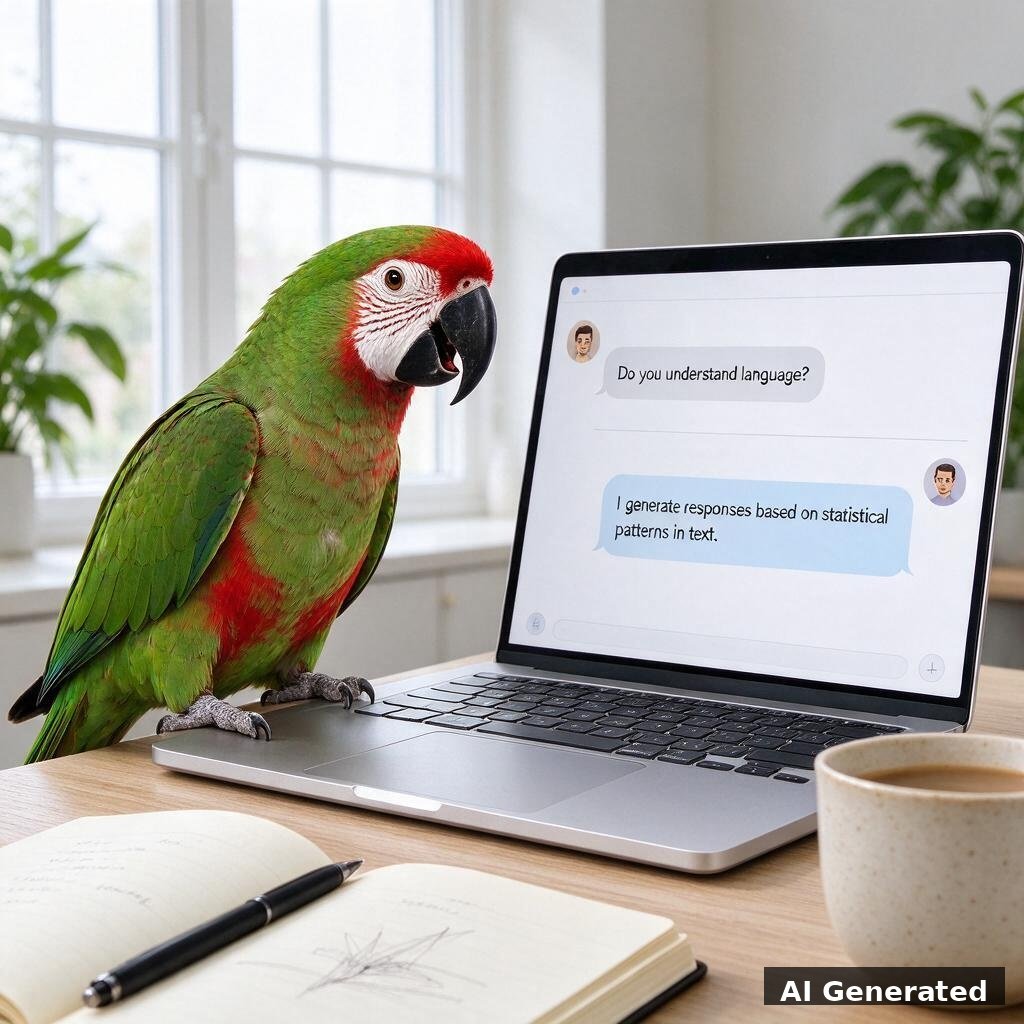 AI generated image: a parrot perched beside a laptop chat window, the stochastic parrot debate about AI understanding